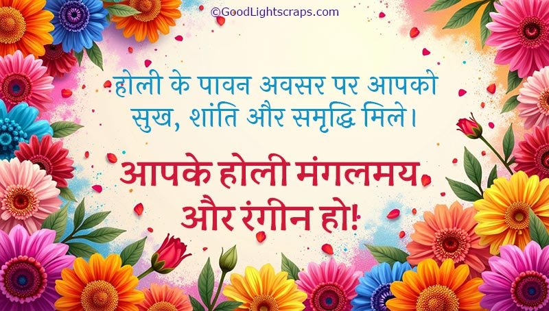 a floral holi greeting card with message in hindi featuring illustration of colorful flower images