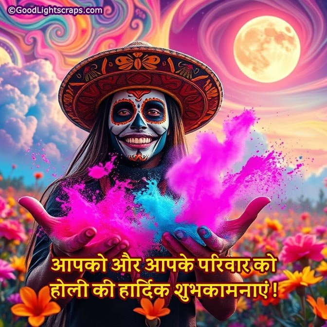 आपको और आपके परिवार को होली की हार्दिक शुभकामनाएं! - a funny, creative, spooky, image of a man with mask wishing holi