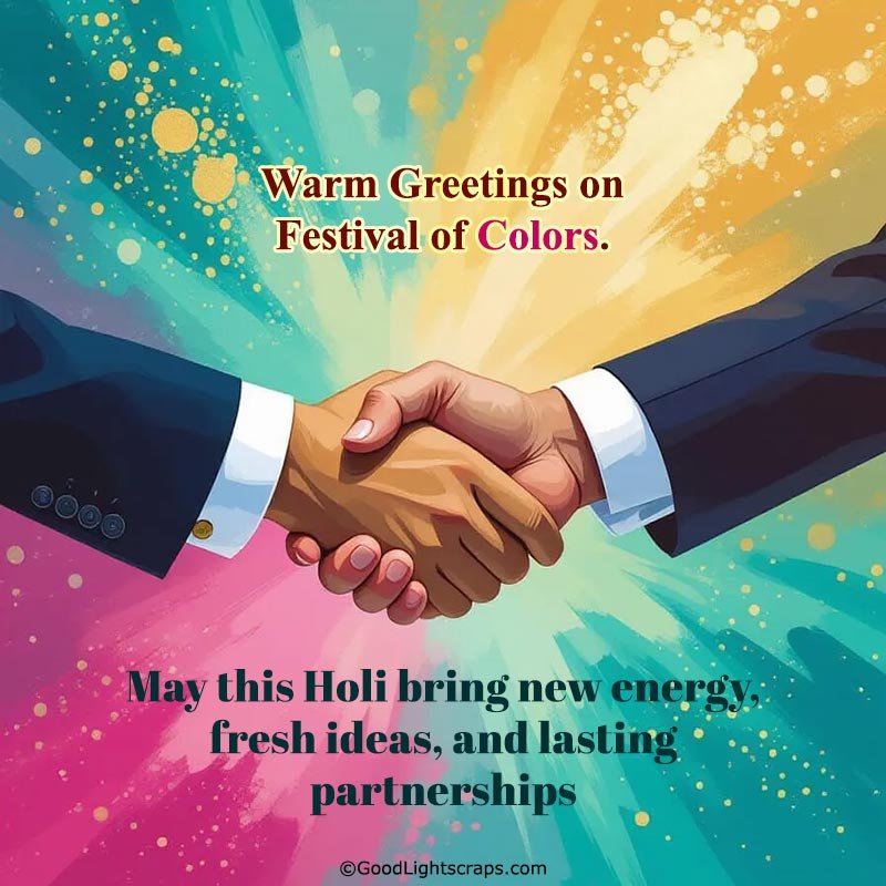 a clean and minimal corporate and professional holi greeting card with handshake image for clients, business partners with formal message in english