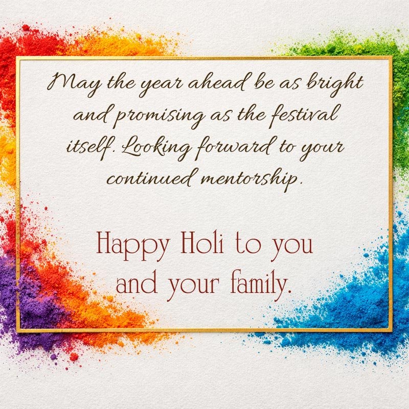 Happy Holi to you and your family - a corporate and professional holi image with message in english to boss