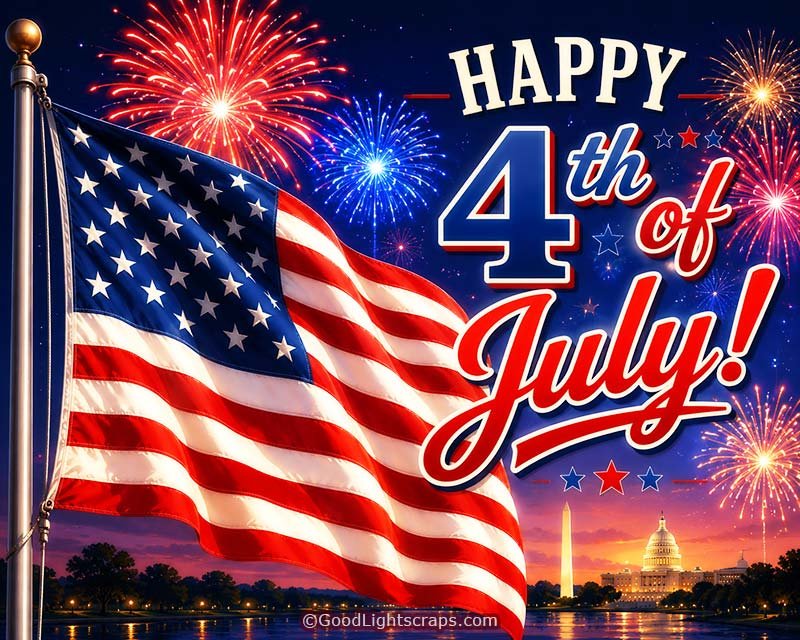Colorful 4th July Grphics Illustration with American flag and fireworks - White house in background