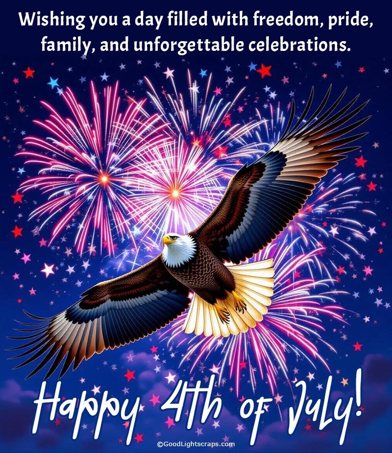 Happy 4th of July image wish with eagle and fireworks in the background