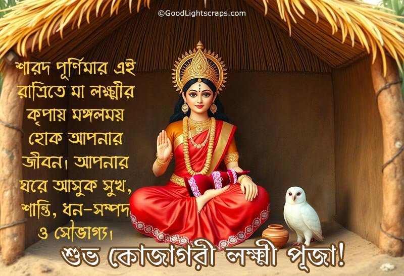 Maa Lakhsmi image greeting card with message 'মা লক্ষ্মী আসুন আপনার ঘরে, সঙ্গে আসুক ধন-সম্পদ, সুখ-শান্তি, আনন্দ ও সৌভাগ্য। শুভ কোজাগরী লক্ষ্মী পূজা!' 