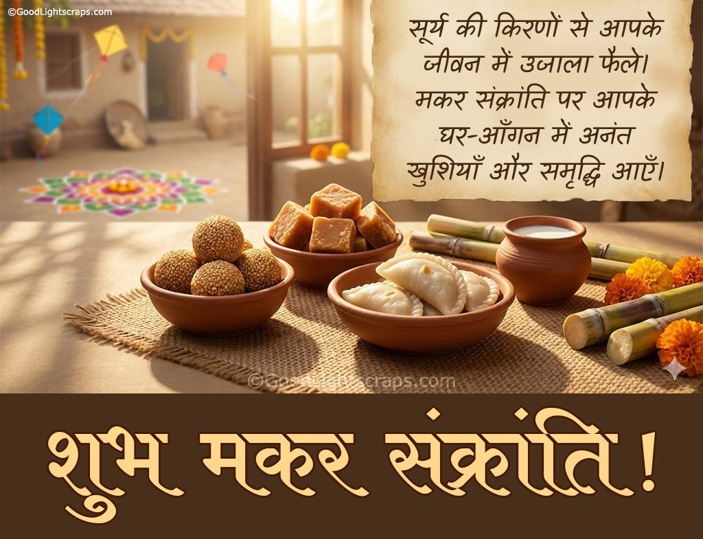 makar sankranti greeting card: सूर्य की किरणों से आपके जीवन में उजाला फैले। मकर संक्रांति पर आपके घर-आँगन में अनंत खुशियाँ और समृद्धि आएँ। शुभ  मकर  संक्रांति!