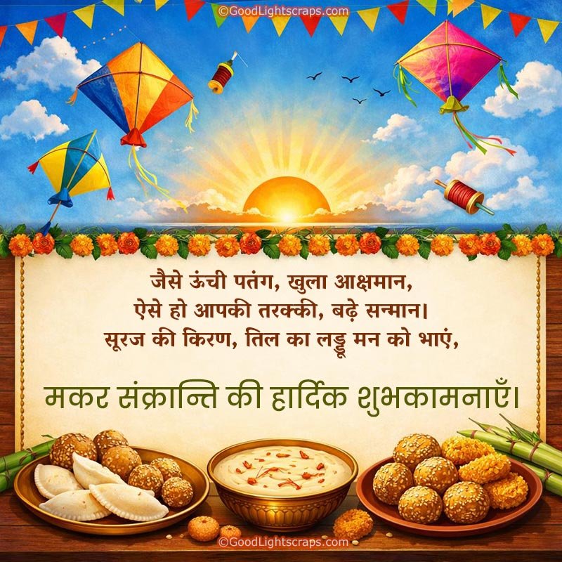 makar sankranti greetings in hindi: जैसे ऊंची पतंग, खुला आक्षमान, ऐसे हो आपकी तरक्की, बढ़े सन्मान। सूरज की किरण, तिल का लड्डू मन को भाएं, मकर संक्रान्ति की हार्दिक शुभकामनाएँ।