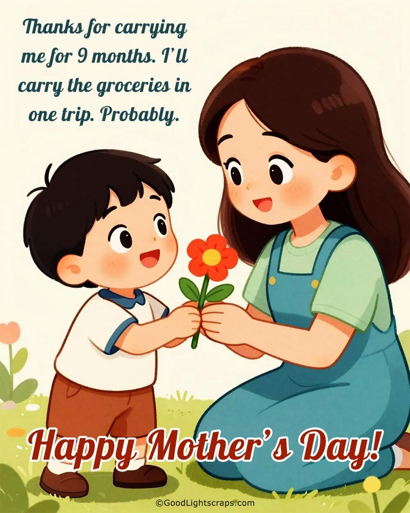 A cute kid gifting her mother a flower with a funny message for mom