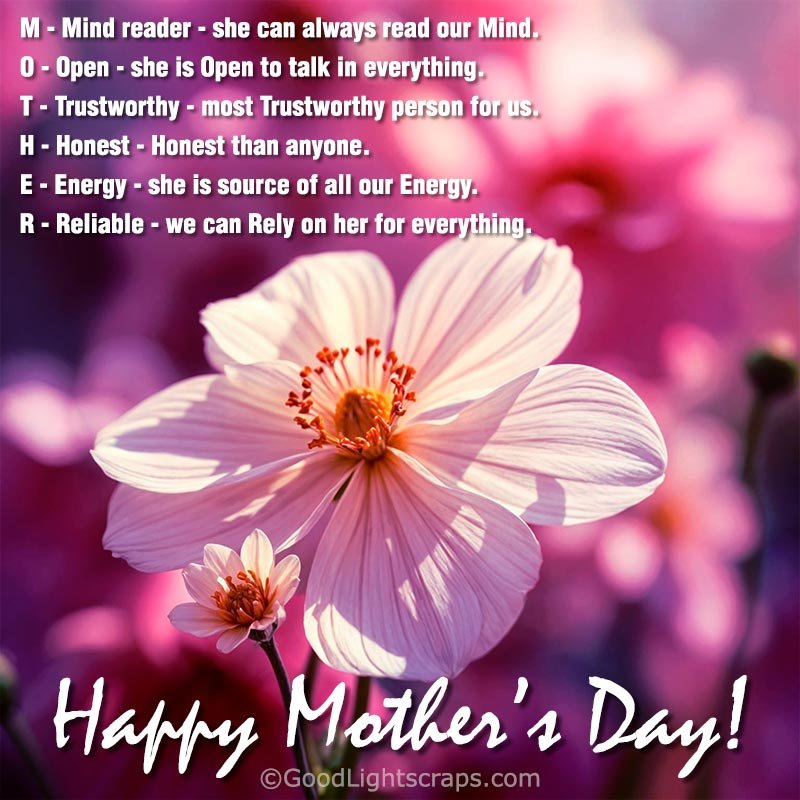 A mothers day greeting card with abbreviation of mother word, letter by letter