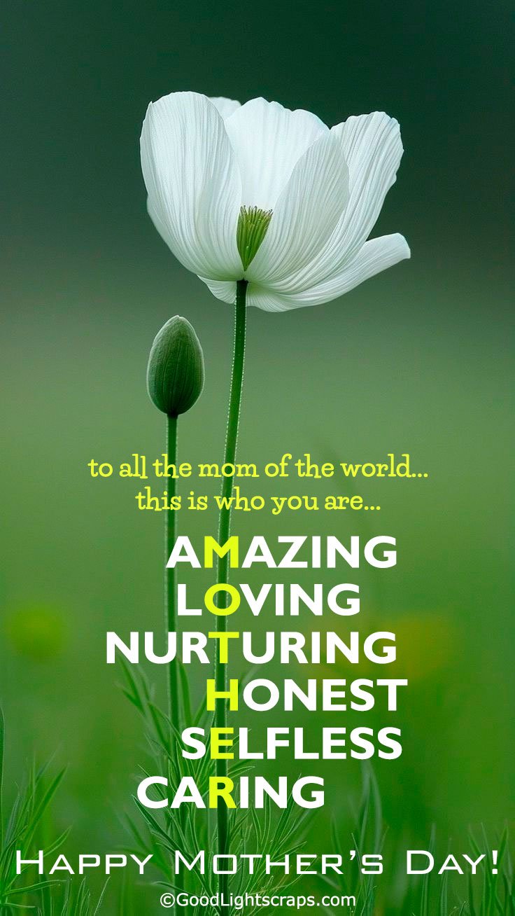 A mothers day greeting card with abbreviation of mother word, letter by letter