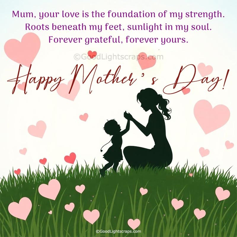 Sillehoutte of a Mother and daughter playing together at a floral grassland with a hearfelt mother's day wish from daughter.