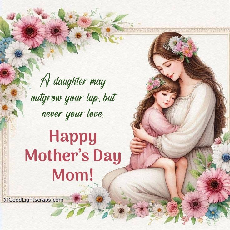 A graphics illustration of a daughter sitting on her mother's lap with a mom's day message from daughter to mother