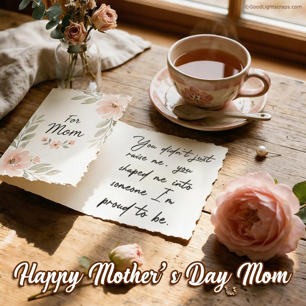 a Mother's Day note on a wooden table with flower and a tea cup, saying Happy Mothers Day Mom!