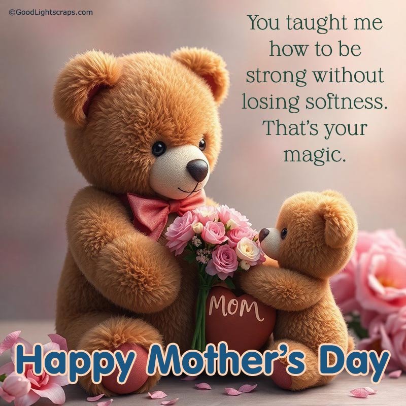 a Mother's Day greeting card featuring a cute teddy bear gifting a heart to her teddy bear mother, saying Happy Mothers Day Mom!
