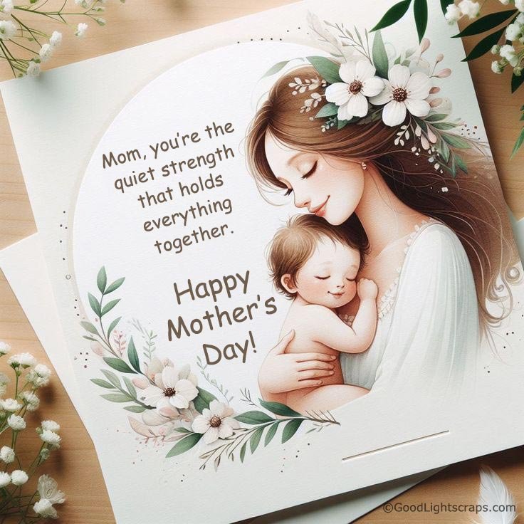 a Mother's Day greeting card featuring a mother holding her baby boy in her chest with a message from son to mother