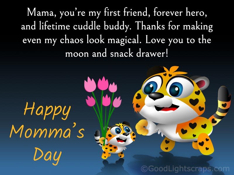 Cute cartoon tiger mom and cub with funny, playful and loving Mothers Day wish from son saying Happy Momma’s Day