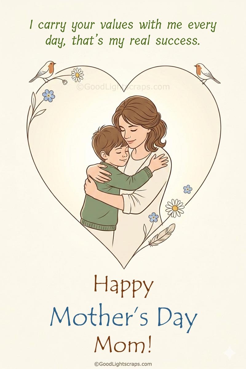 A Minimalistic Mothers Day card from son with a floral heart and a cuddling mother and son saying Happy Mother’s Day Mom!