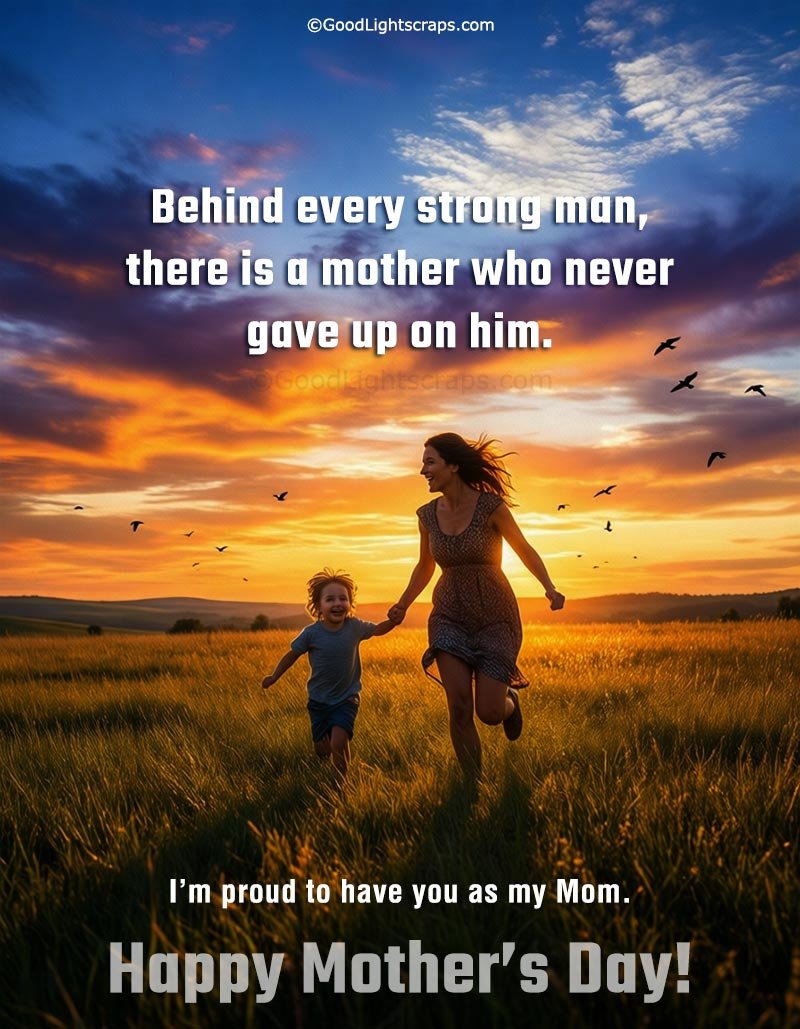 Mother and son spending time joyfully in a sunset field with a heartfelt Mother’s Day message from son about a mother’s love and support.