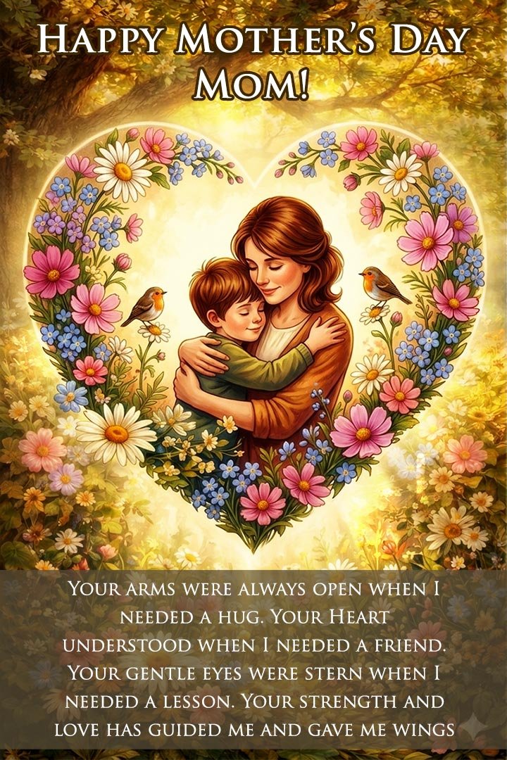 Mother hugging her son inside a floral heart shaped frame with a heart touching Mother’s Day message from son about a mother’s strength and love.