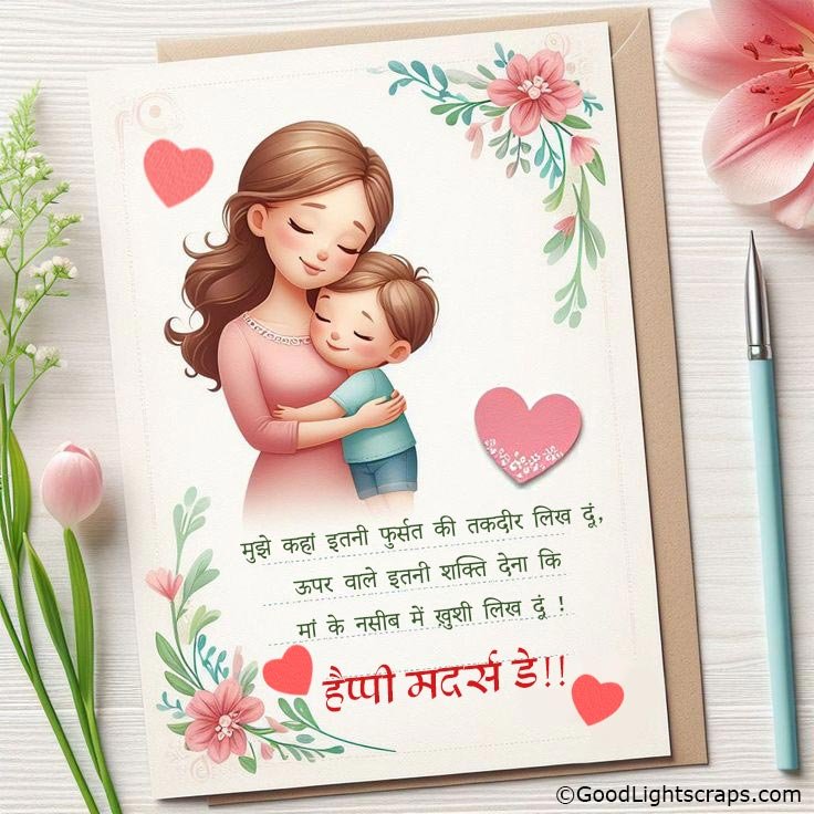 Mother's day image with a hindi message 'मुझे कहां इतनी फुर्सत की तकदीर लिख दूं, ऊपर वाले इतनी शक्ति देना कि मां के नसीब में ख़ुशी लिख दूं ! हैप्पी मदर्स डे!!' 