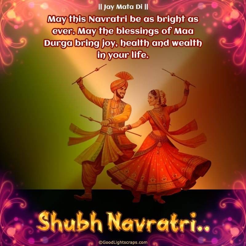 A Navratri Image with a couple playing dandiya dance in a colourful background with a Shubh Navratri greeting message wishing joy, health and wealth.