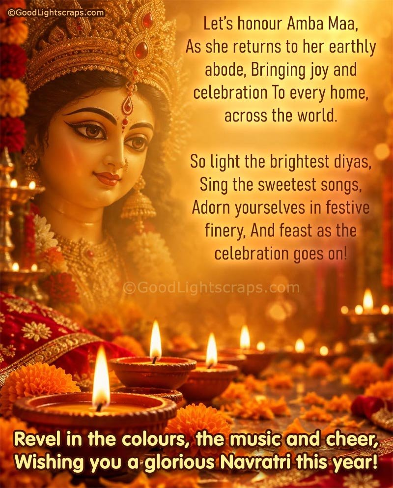A Navratri Image of Ambe Mata and lots of clay lamps and diyas with a Navratri wish in english.