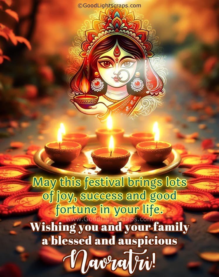 A Navratri Image of Durga Mata and lots of clay lamps and diyas With an auspicious Navratri wish in english.