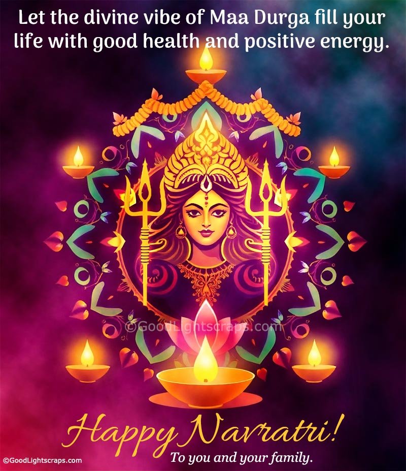 A Navratri Image of Durga Mata and diyas With an auspicious Navratri wish to friends and family wishing good health and positive energy