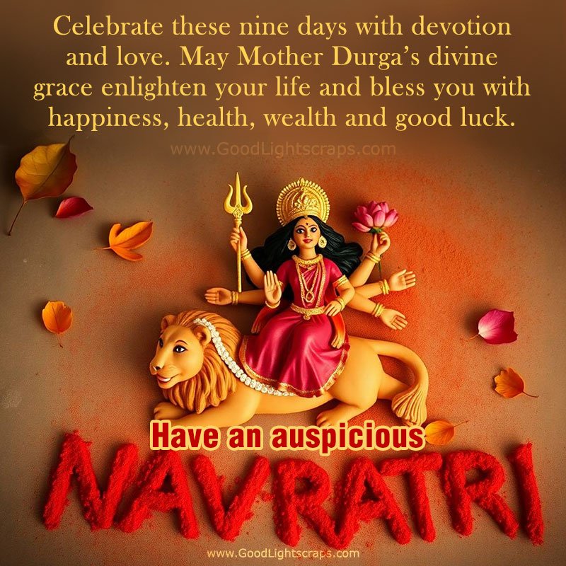 Devi Durga Mata sitting on her lion  With an auspicious Navratri Blessing with of wish of happiness, health, wealth and good luck.