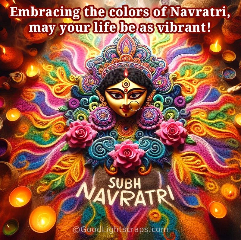 A colourful Navratri Image with face of goddess durga in a background with colorful rangoli background. With a greeting message of Subh Navratri