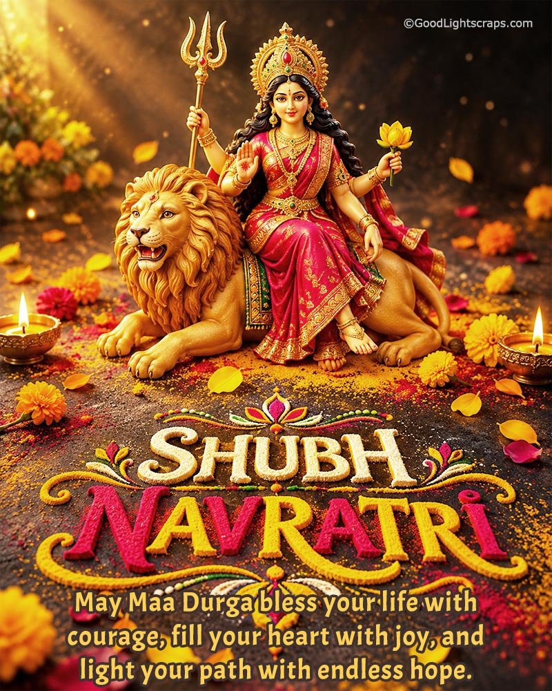 A colourful Navratri Image with face of goddess durga in a background with colorful rangoli background. With a greeting message of Subh Navratri