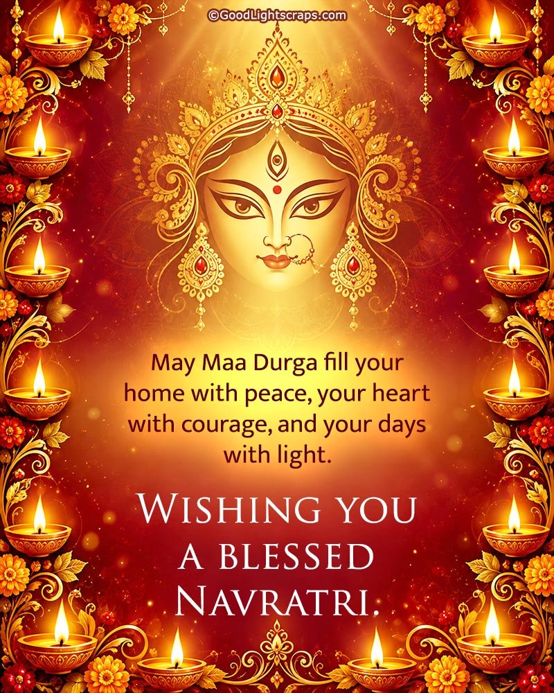 A colourful Navratri Image with face of goddess durga in a background with colorful rangoli background. With a greeting message of Subh Navratri