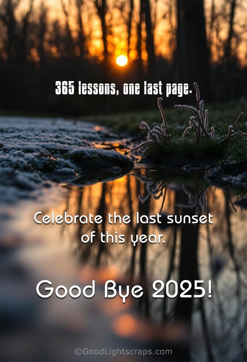 A sunset signifies the end of a year - a year ending card with a message '365 lessons, one last page. Celebrate the last sunset of this year' 