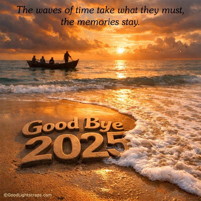 Goodbye 2025 is written on the sea beach sand 