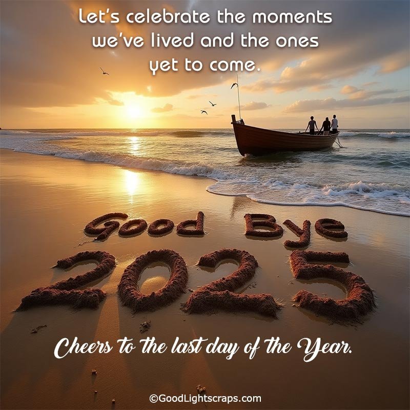 A beautiful image featuring a sunset in the ocean, with greeting message: Cheers to the last day of the year.