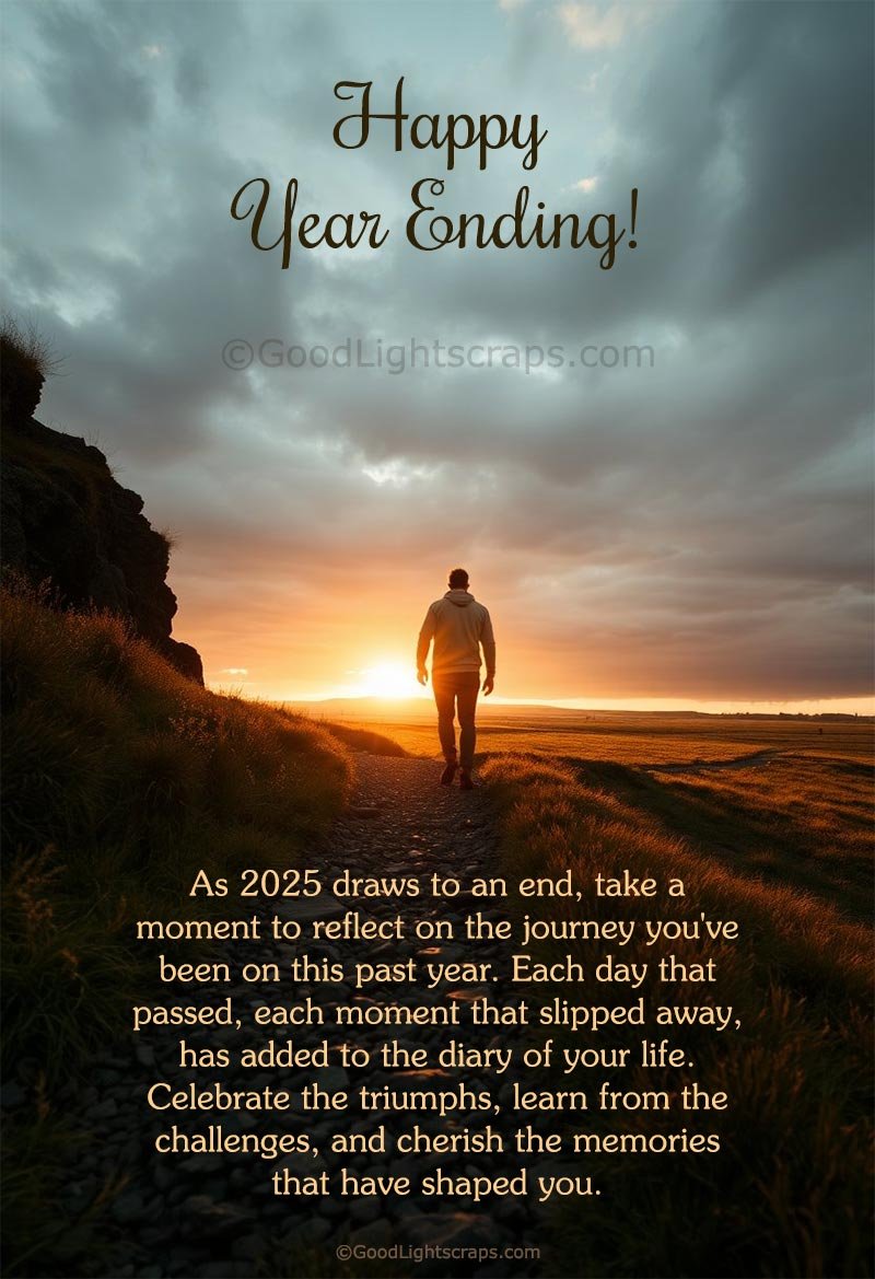 Year ending message with a heart touching image of sunset and a lone man walking