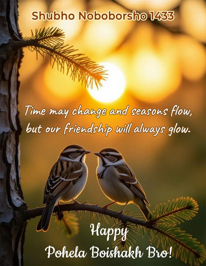 Beautiful nature image with two birds sitting and enjoying a sunrise - Happy Pohela Boishakh message for friends/brother