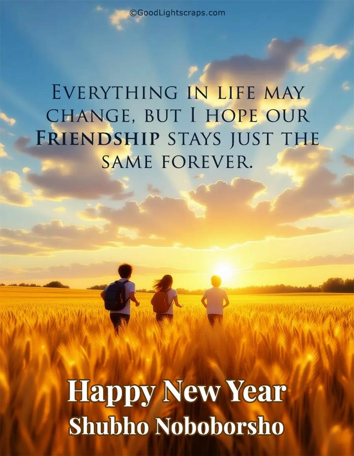 Subho Noboborsho image wish featuring three friends in a vast wheat field and Subho Noboborsho message