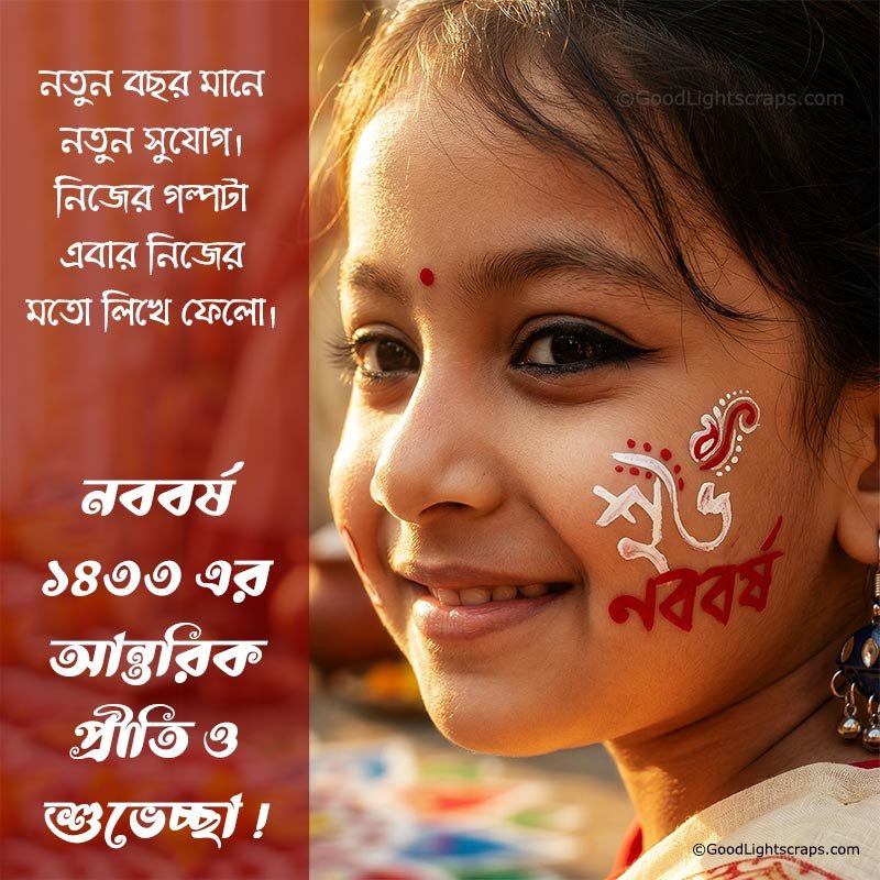 shubho noboborsho in bengali script is written in the cheek of a cute little beautiful bengali girl - showing enthusism and new hope for new year