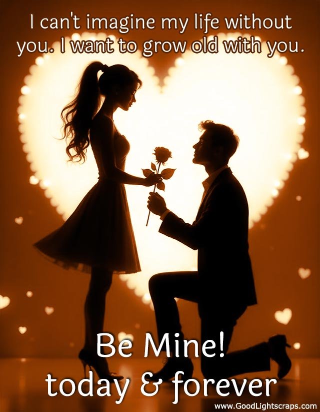 Propose day card with a heart touching image of a man propsing a woman with a message 'I want to grow old with you. Be Mine! today & forever.'