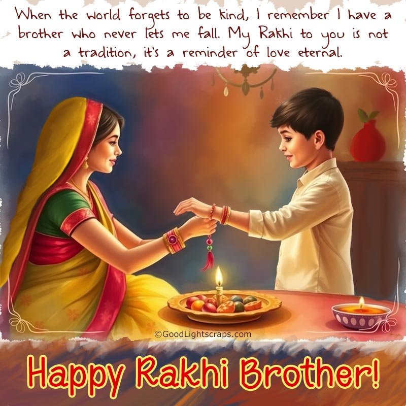 A beautiful water color painting showing a moment between a brother and sister, with heart a touching raksha bandhan greetings message to brother