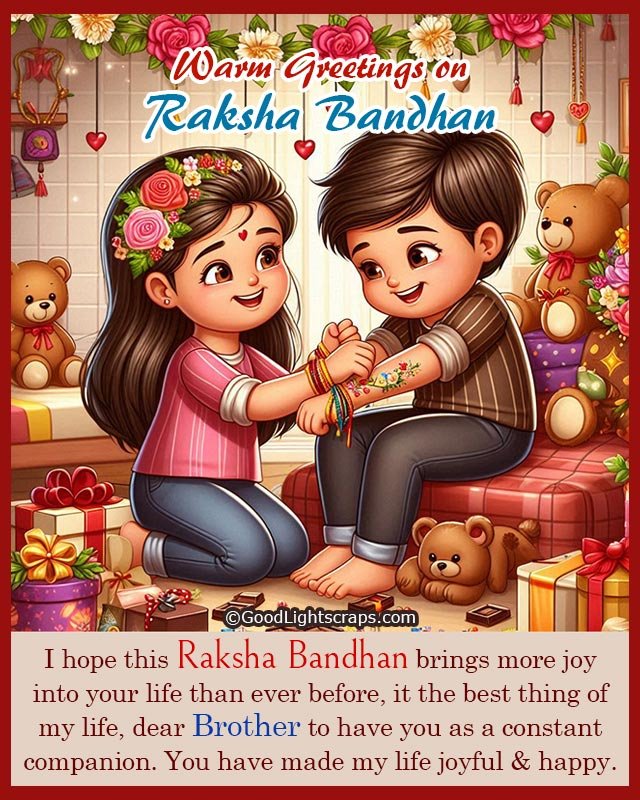 An illustration showing a moment between a brother and sister, with heart a touching Warm Greetings on Raksha Bandhan to brother