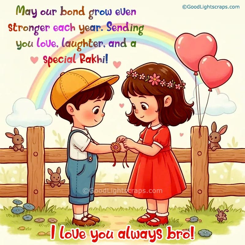 A cute cartoon illustrtion showing a a brother and sister sharing rakhi, with a warm message sending love.