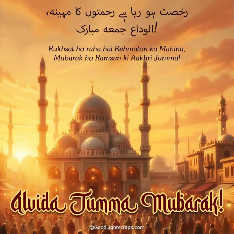 a beautiful mosque and lots of gathering of muslim people in early moning sunrise time - Alvida Jumma Greetings Image.