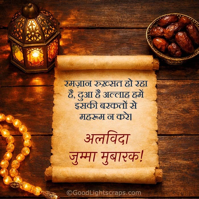 Alvida Jumma Mubarak Urdu / Hindi message scroll with Ramadan lantern and dates
