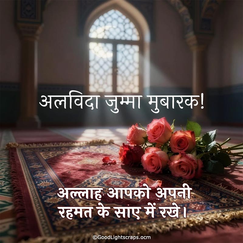 Alvida Jumma Mubarak Wish with a image of old wooden background, scroll paper, a bowl of dates, a lantern and a Tasbeeh (prayer beads) - a vintage theme greeting card