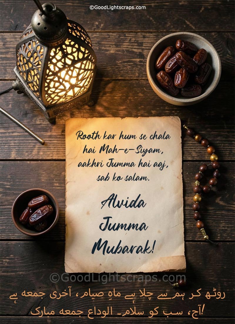 Alvida Jumma Mubarak! - online greeting card with message in urdu for your friends, family and loved ones.