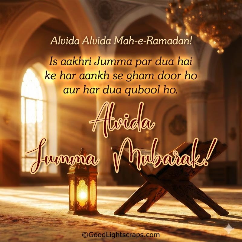 Alvida Jumma Greeting Card featuring An open Quran on a wooden stand beside a beautiful lantern. Inside a beautiful mosque. Sun rays are coming throgh and illuminating the stand.