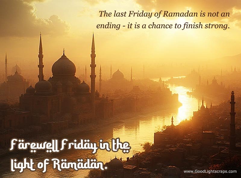 a beautiful morning scene with a mosque in the foreground, with a message on last Friday of Ramadan