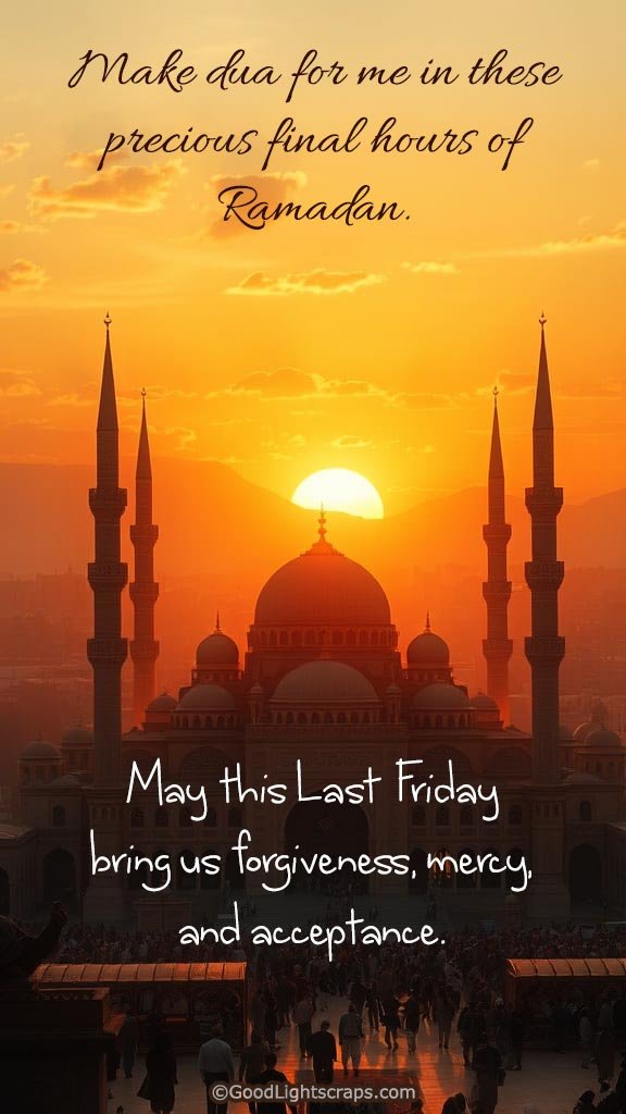 a beautiful sunrise over a beautiful mosque - with a prayer message on last Friday of Ramadan