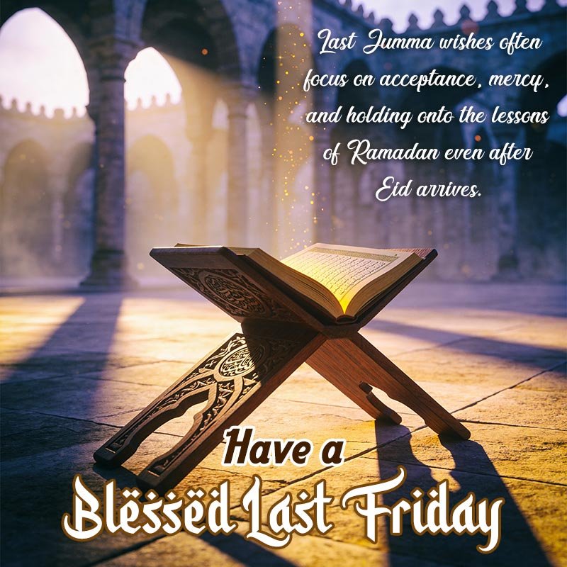 An open Quran on a wooden stand in a sunlit mosque - with a farewell message on last Friday of Ramadan