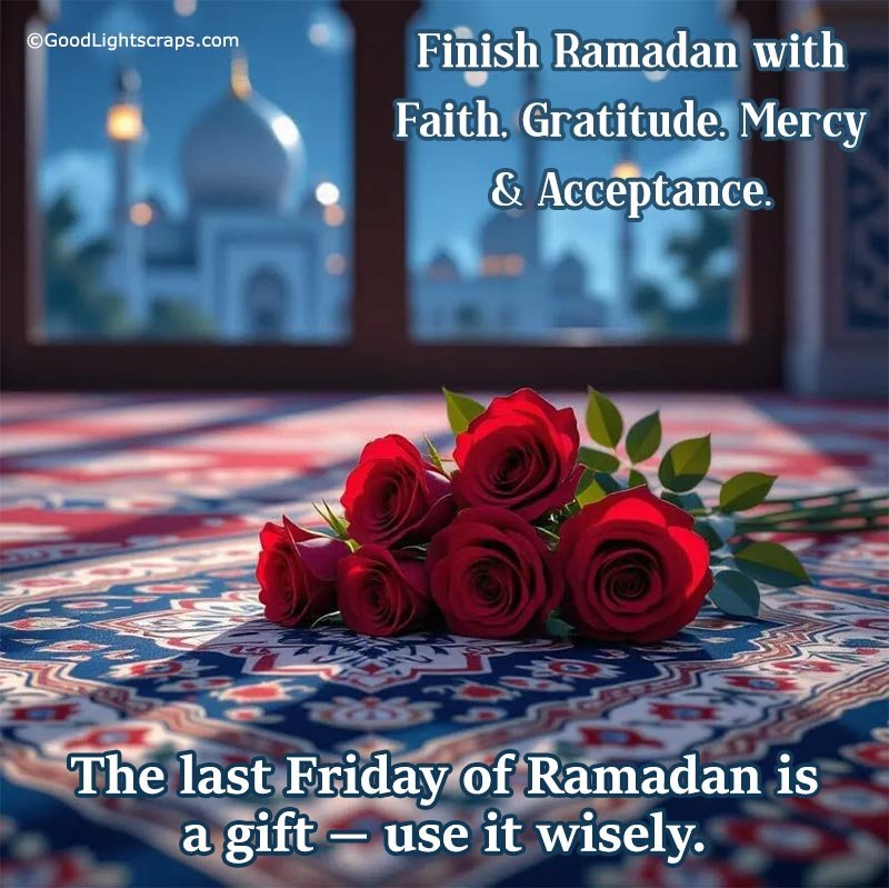 A prayer mat and some roses inside a moonlit mosque interior - with a beautiful message on last Friday of Ramadan